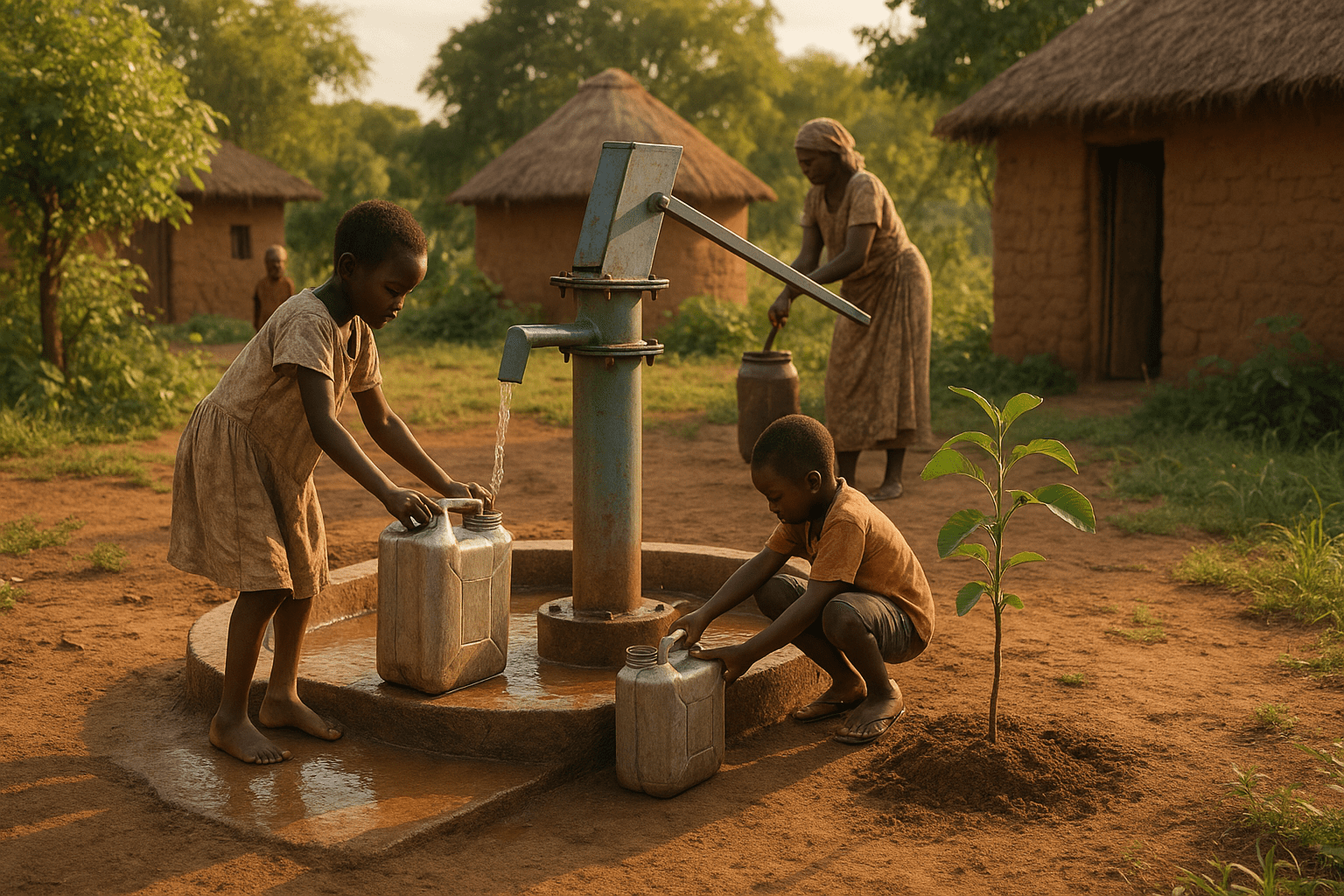 Children filling water containers at a pump.