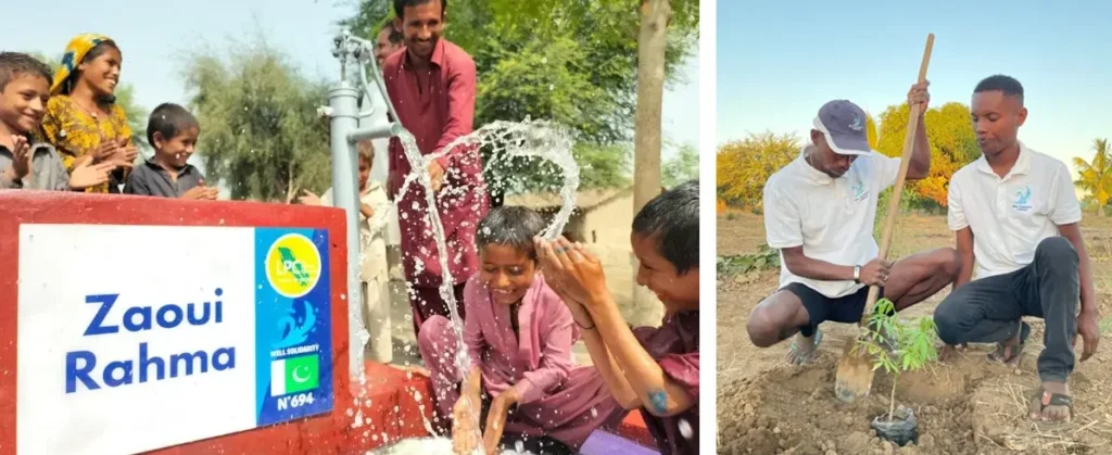 People using a well, tree planting.