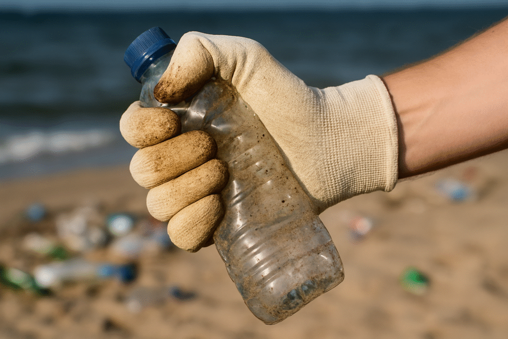Glove holding a plastic bottle on a beach