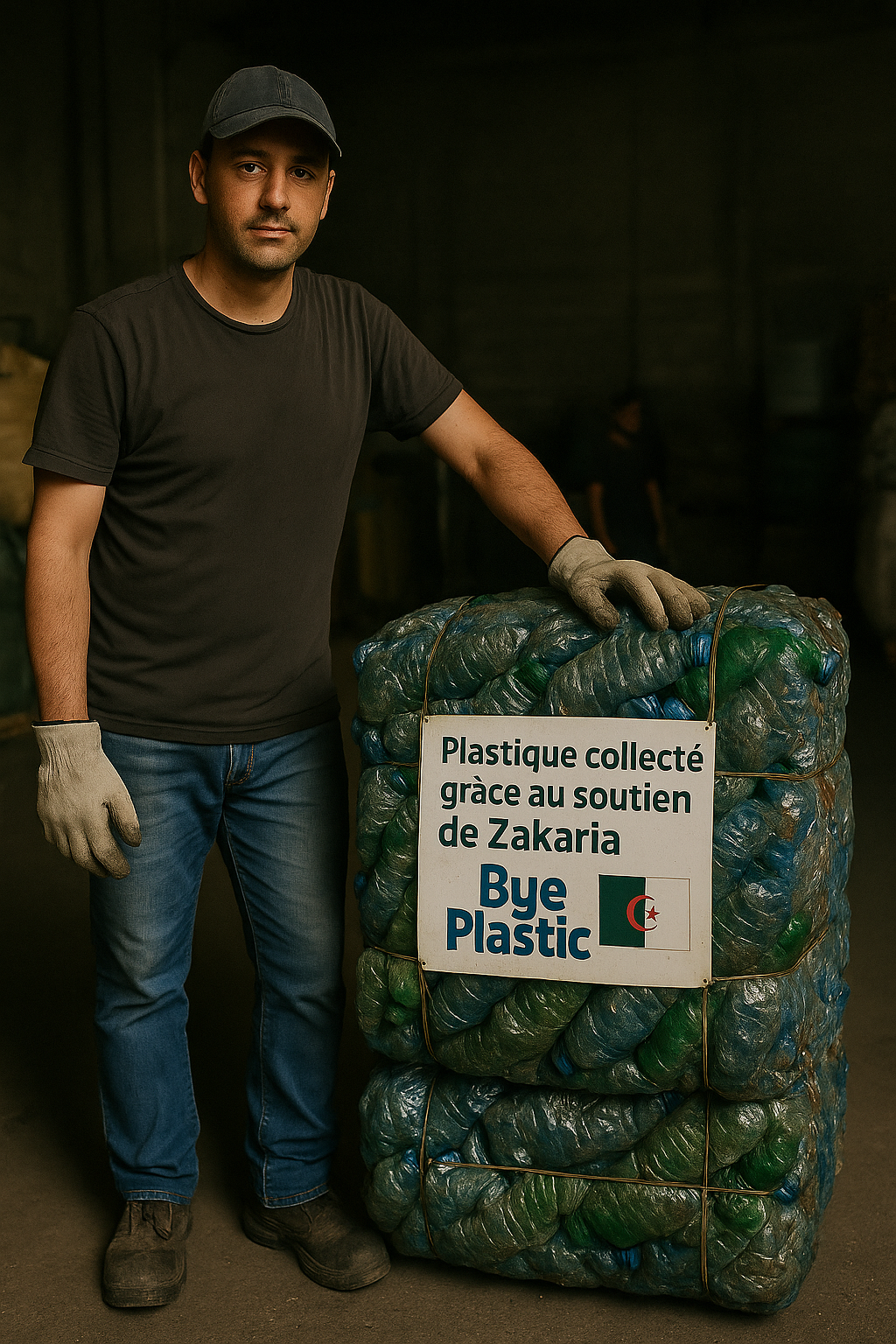 Man with bales of recycled plastic, Bye Plastic.