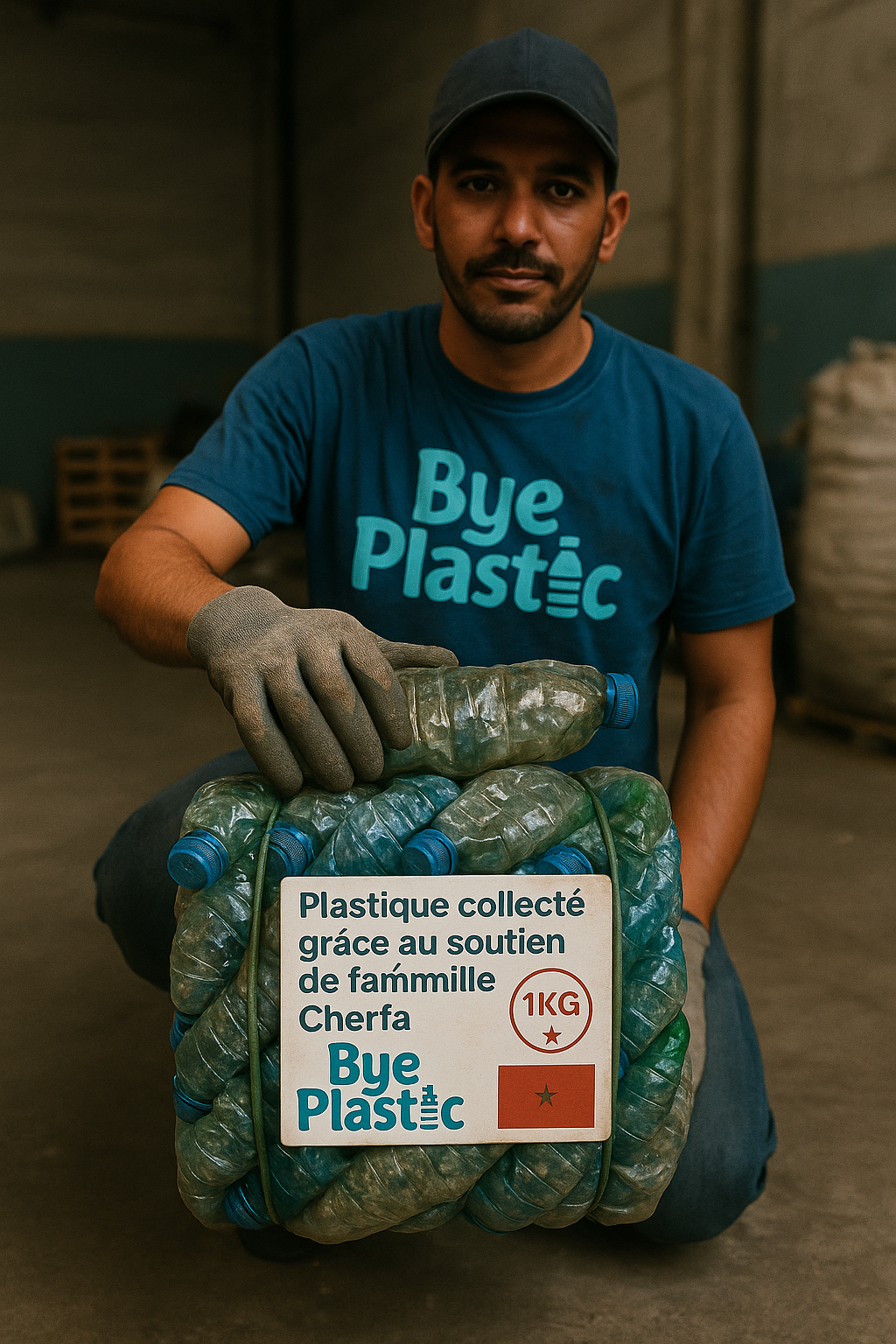 Man holding recycled plastic bottles.