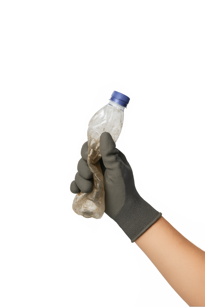 Gloved hand holding a dirty plastic bottle.