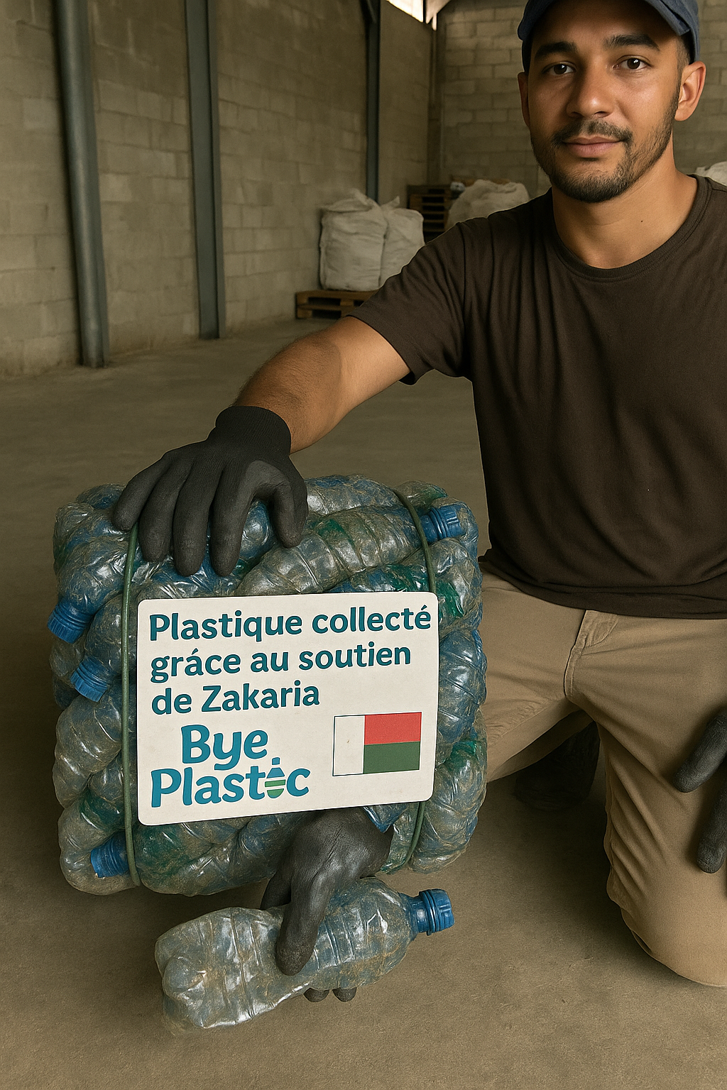 Man holding packed collected plastic.