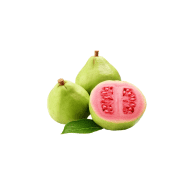 Three guavas, one cut, with leaves