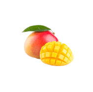 Whole and cut mango with a green leaf.