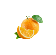 Whole orange and a segment with a green leaf.