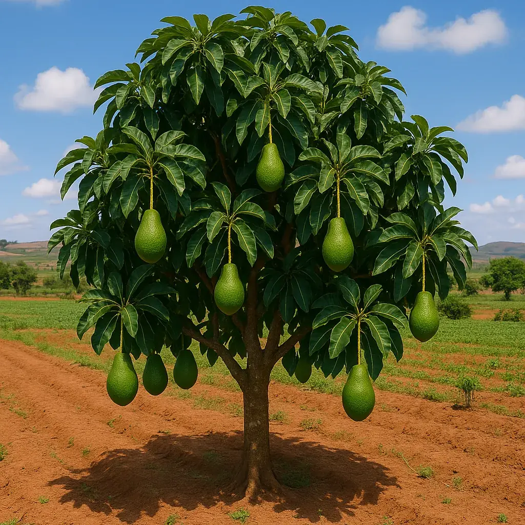 Avocado tree with ripe fruit in a field.