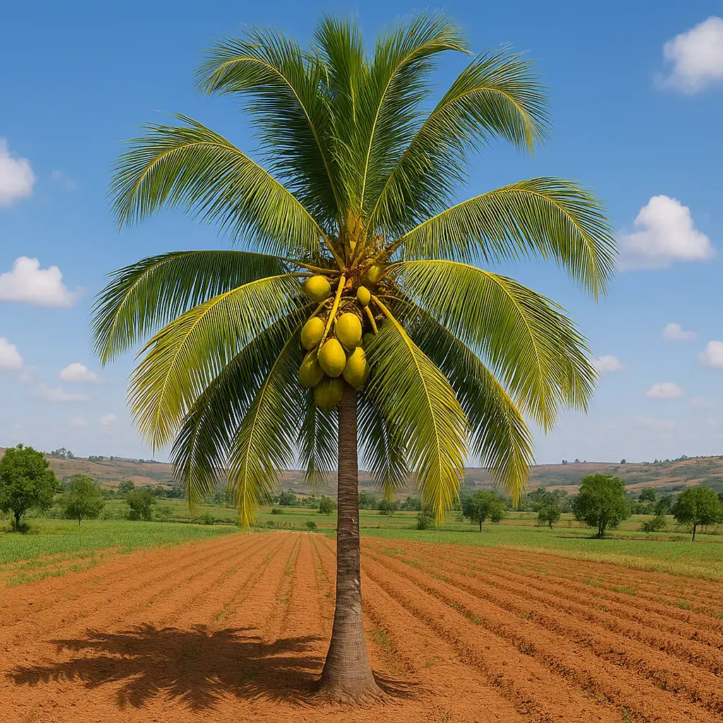 Palm tree with nuts, field in the background.