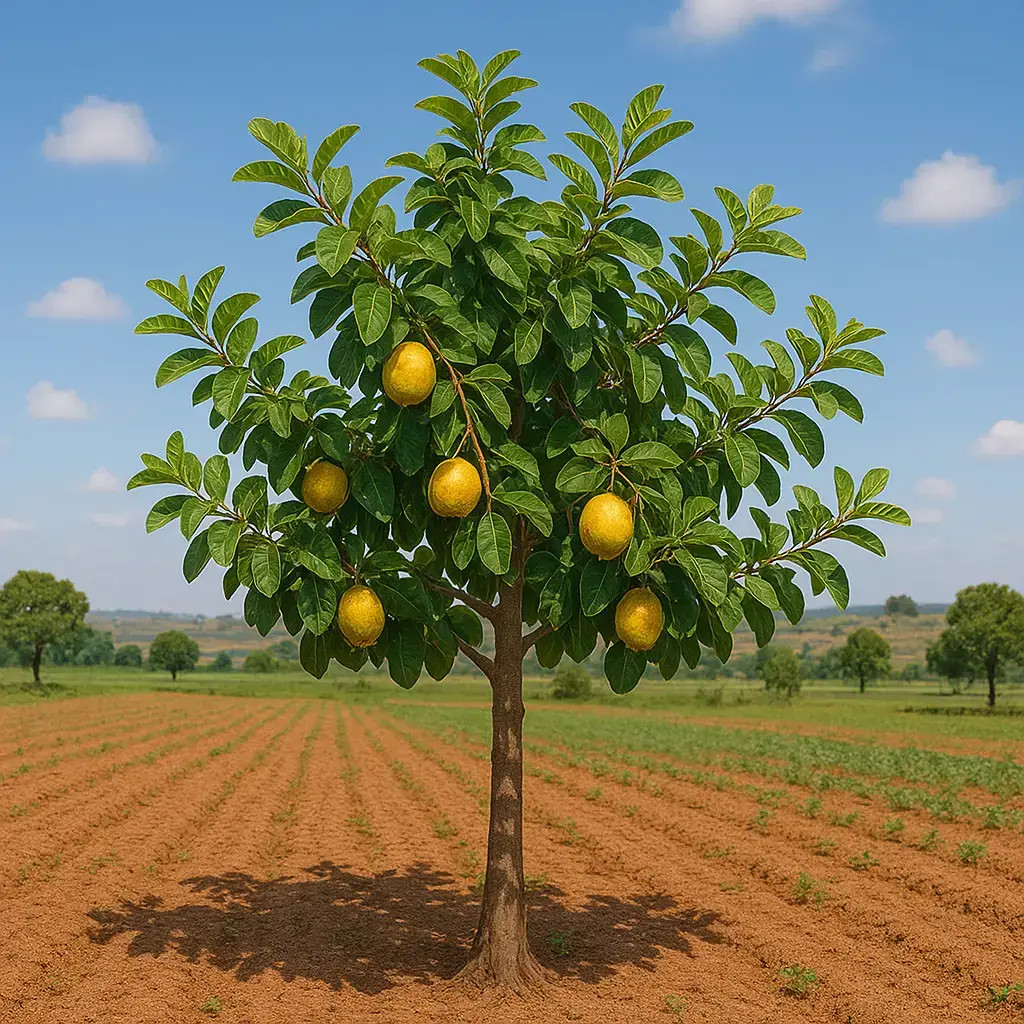 Tree with yellow fruit in a field.
