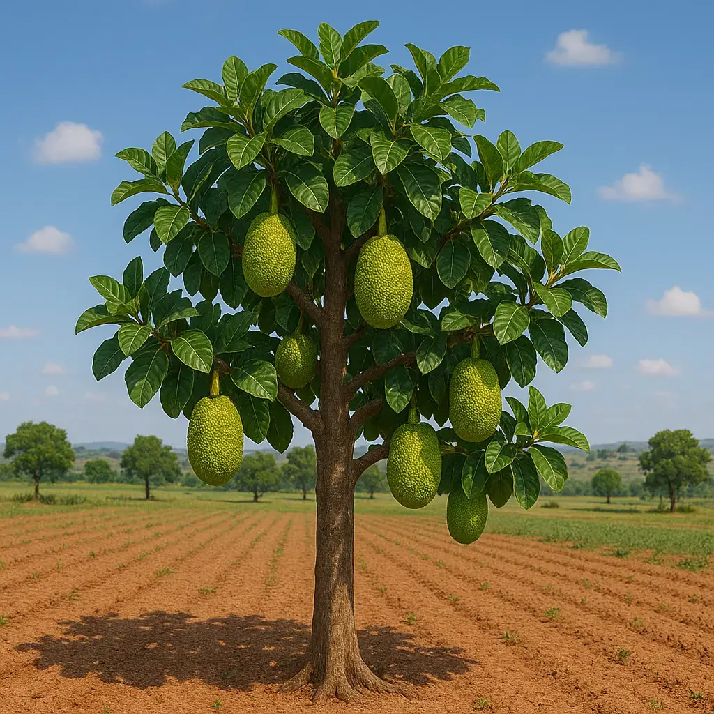 Tree with green fruit in a vast field