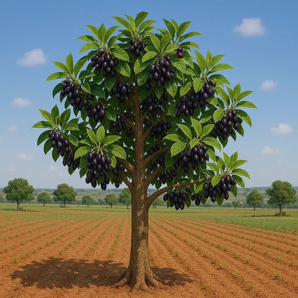 Tree with black fruit in a field.