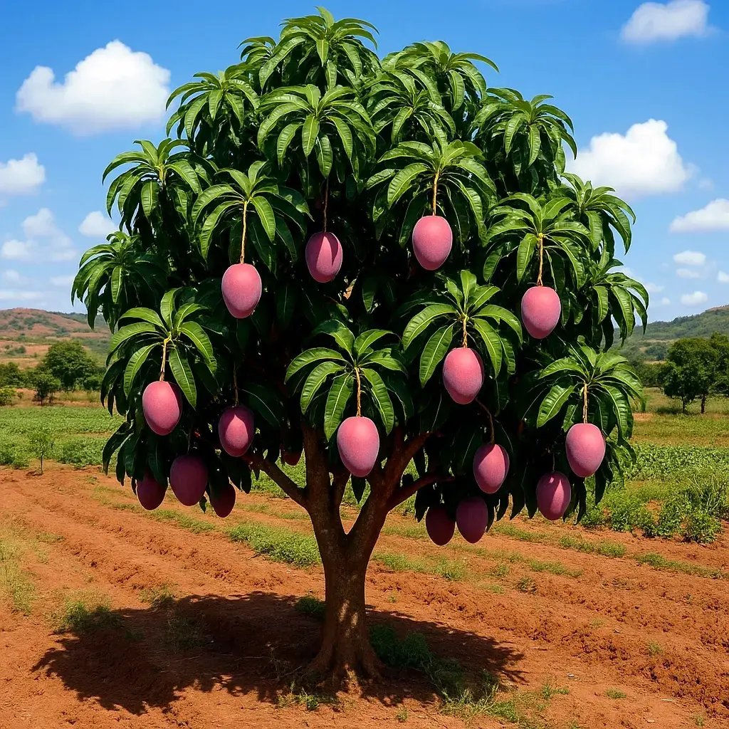 Mango tree in a field under a blue sky.