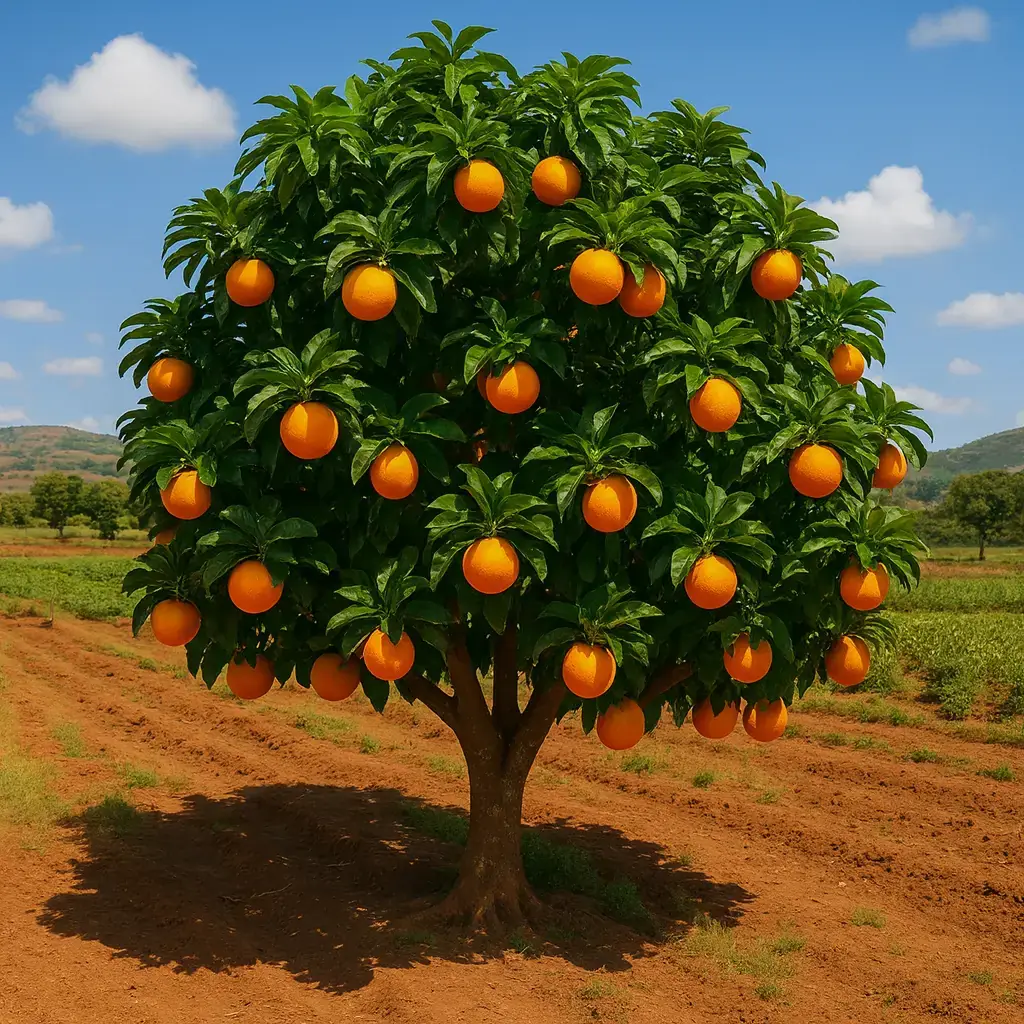 Orange tree full of fruit in a field.