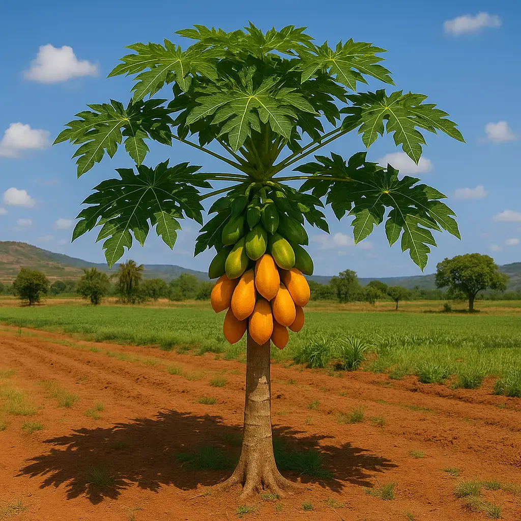 Papaya tree with ripe fruit in a field.